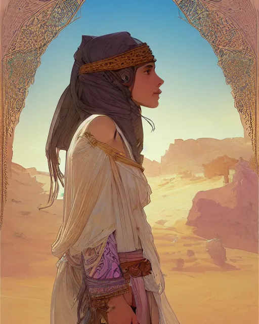 Image similar to bedouin in the desert, highly detailed, gold filigree, romantic storybook fantasy, soft cinematic lighting, award, disney concept art watercolor illustration by mandy jurgens and alphonse mucha and alena aenami, pastel color palette, featured on artstation