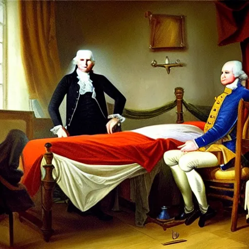 Prompt: oil painting Life of George Washington Deathbed but everyone is looking at glowing iPhones