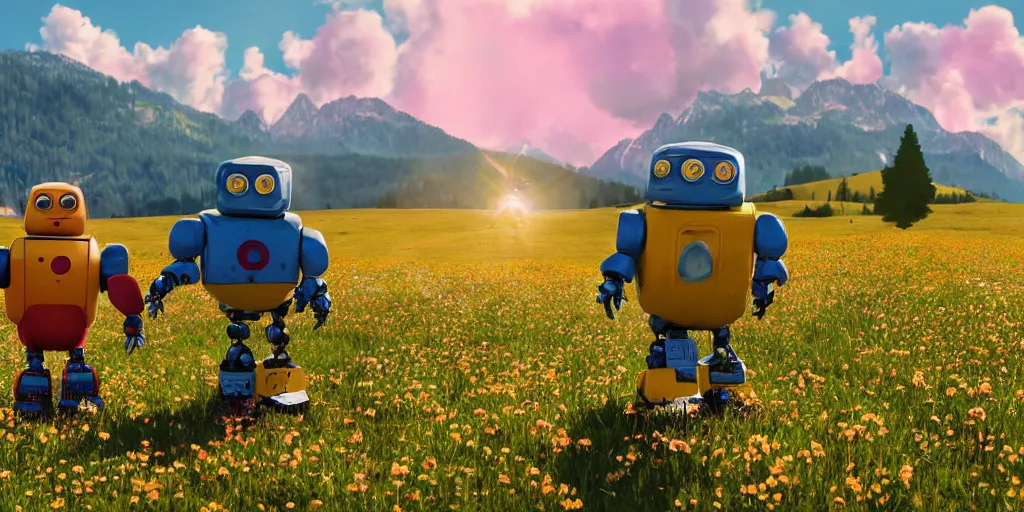 Prompt: a ultra photorealistic and sharp film still of an a sunny and colourful open field in 2 0 2 1 in the middle of the bavarian alps, germany. two colourful highly detailed robots posing in the foreground. wide shot, wes anderson, studio ghibli, pixar and disney animation, octane render, anime key art by greg rutkowski, dramatic lighting, award winning photography
