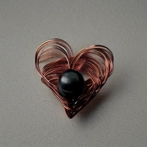 Image similar to a very beautiful tiny organic sculpture in the shape of a ( ( ( ( human heart ) ) ) )!!!!!!!!!!!!!!!!!!!!!!!!! made of copper wire and threaded pipes, very intricate, curved. studio lighting, high resolution, high quality, black background