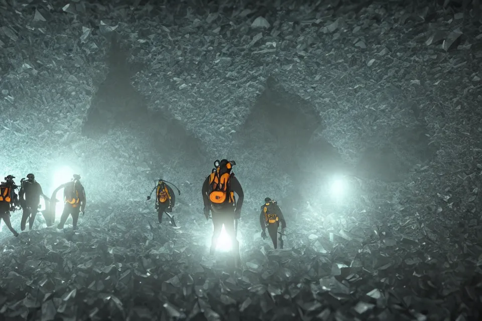 Image similar to divers with headtorch exploring a mystical crystal cave, realistic, octane render