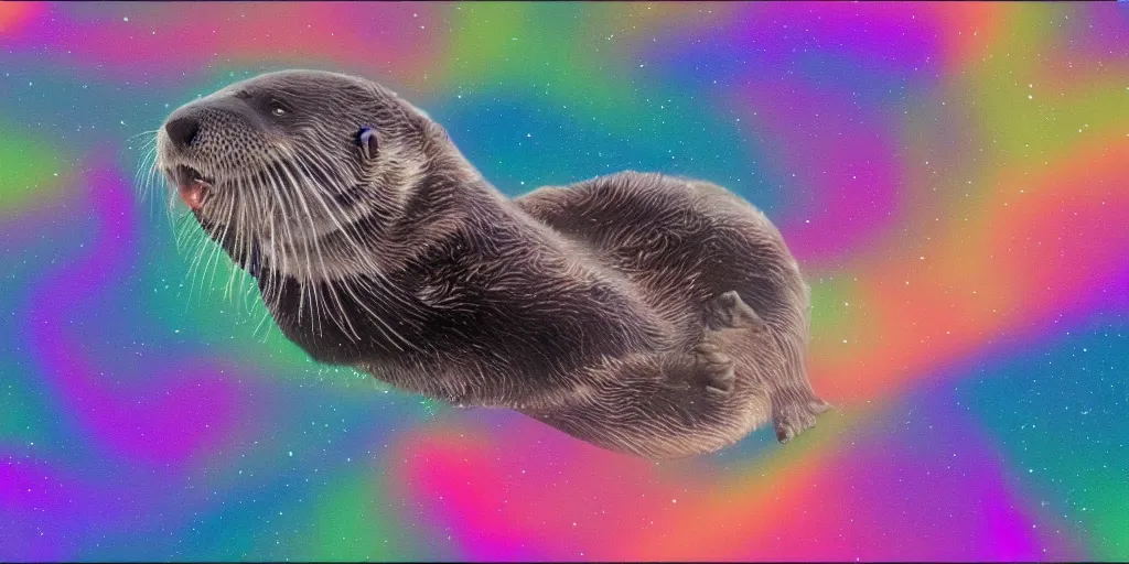 Prompt: an otter swimming through the aurora borealis, expressive colors, surreal, impressionist, 4k