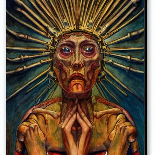 Image similar to weeping robot wearing the bone crown, by Annie Swynnerton and Diego Rivera and Evelyn De Morgan, symbolist, dramatic lighting, elaborate geometric ornament, Art Brut ,god rays, soft cool colors,smooth, sharp focus, extremely detailed, Adolf Wölfli