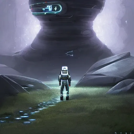Prompt: a beautiful illustration of an futuristic astronaut with a futuristic white cybernetic spacesuit walking out of a black futuristic spaceship on the moon, by greg rutkowski, digital artwork, artstation, cgartists, conceptartworld, deviantart, magic the gathering artstyle, floating magical rocks, lush green meadow