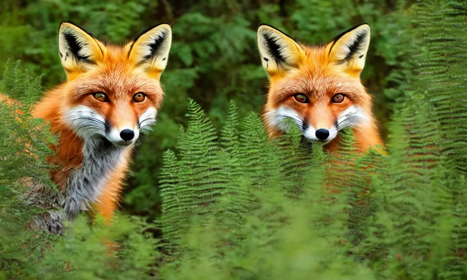 Image similar to a red fox in a northwestern boreal forest with lush ferns after a rain shower, golden hour, sunlight, huge, boulders, award winning nature photograph