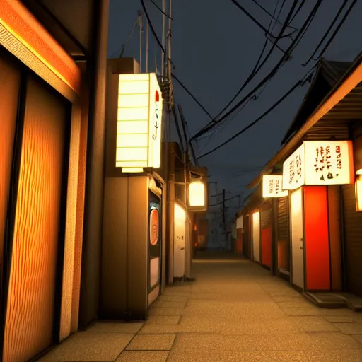 Prompt: Japanese alleyway at night, with a vending machine and powerlines hanging above. Realistic Artstation
