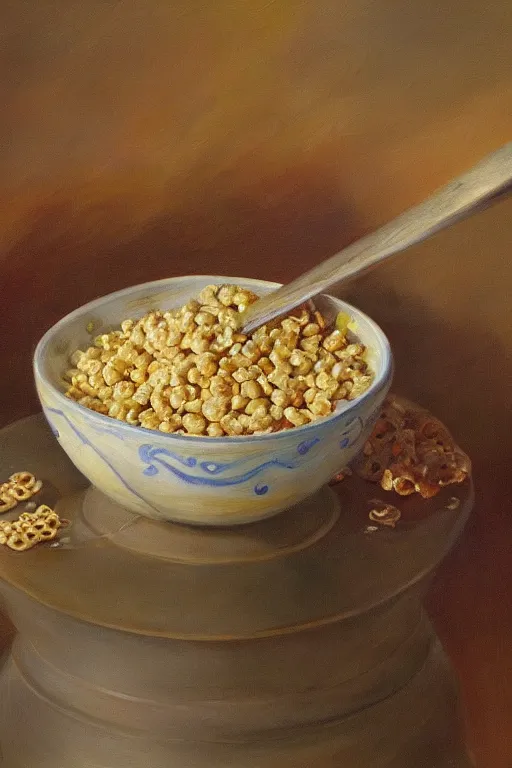 Image similar to painting of biblically accurate bowl of cereal, beautiful composition, amazing details, cosmic horror, surrealism