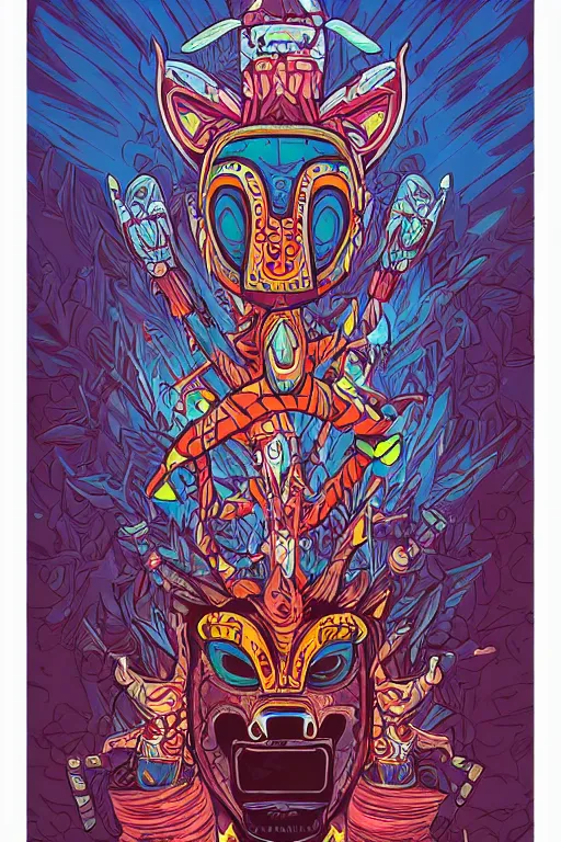 Image similar to totem animal mask tribal feather gemstone plant wood rock shaman vodoo video game vector illustration vivid multicolor borderlands comics by josan gonzales and dan mumford radiating a glowing aura