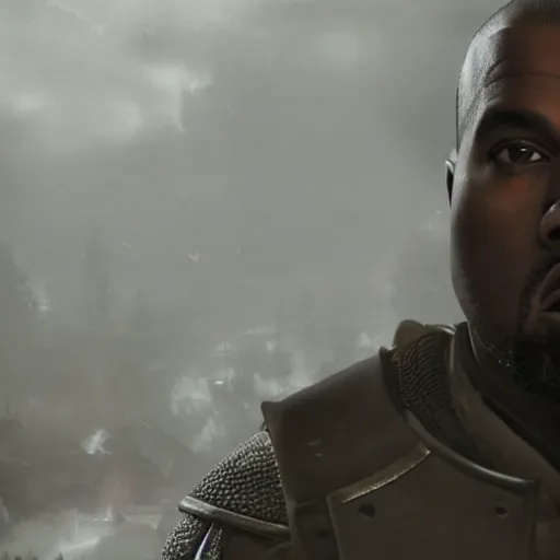 Image similar to kanye west as the pope pope in gears of war battlefield 5, splash art, movie still, cinematic lighting, dramatic, detailed face, octane render, long lens, shallow depth of field, bokeh, anamorphic lens flare, 8 k, hyper detailed, 3 5 mm film grain