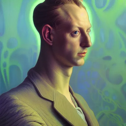 Image similar to realistic extremely detailed portrait painting of an average man , retro futuristic , by beeple,Jean Delville, Amano, Yves Tanguy, Alphonse Mucha, Ernst Haeckel, Edward Robert Hughes, Roger Dean, rich moody colours, blue eyes,octane render
