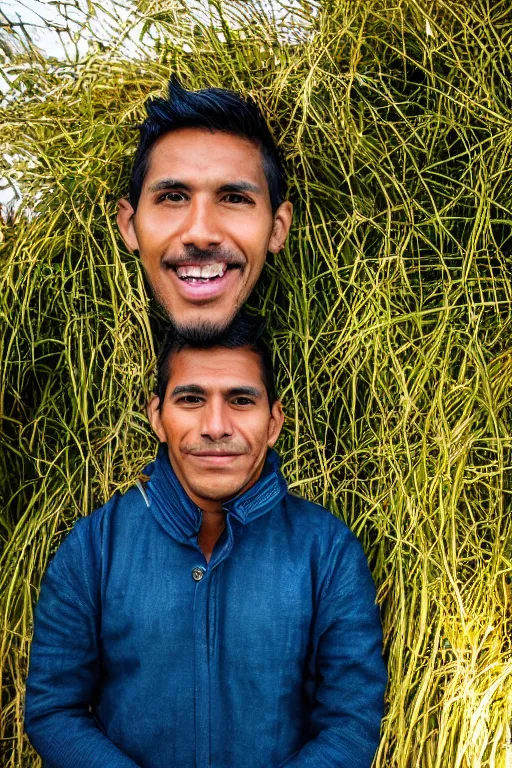 Prompt: beautiful photo of a very handsome peruvian man in his 3 0 s in a park in lima in the early ours of the morning with morning fog and dew on the grass. sunrise. nature. photography. national geographic. detailed face and hair, ultra hd, sharp. volumetric lighting, hasselblad. nikon z 9. 1 0 0 mm. f / 2. 5