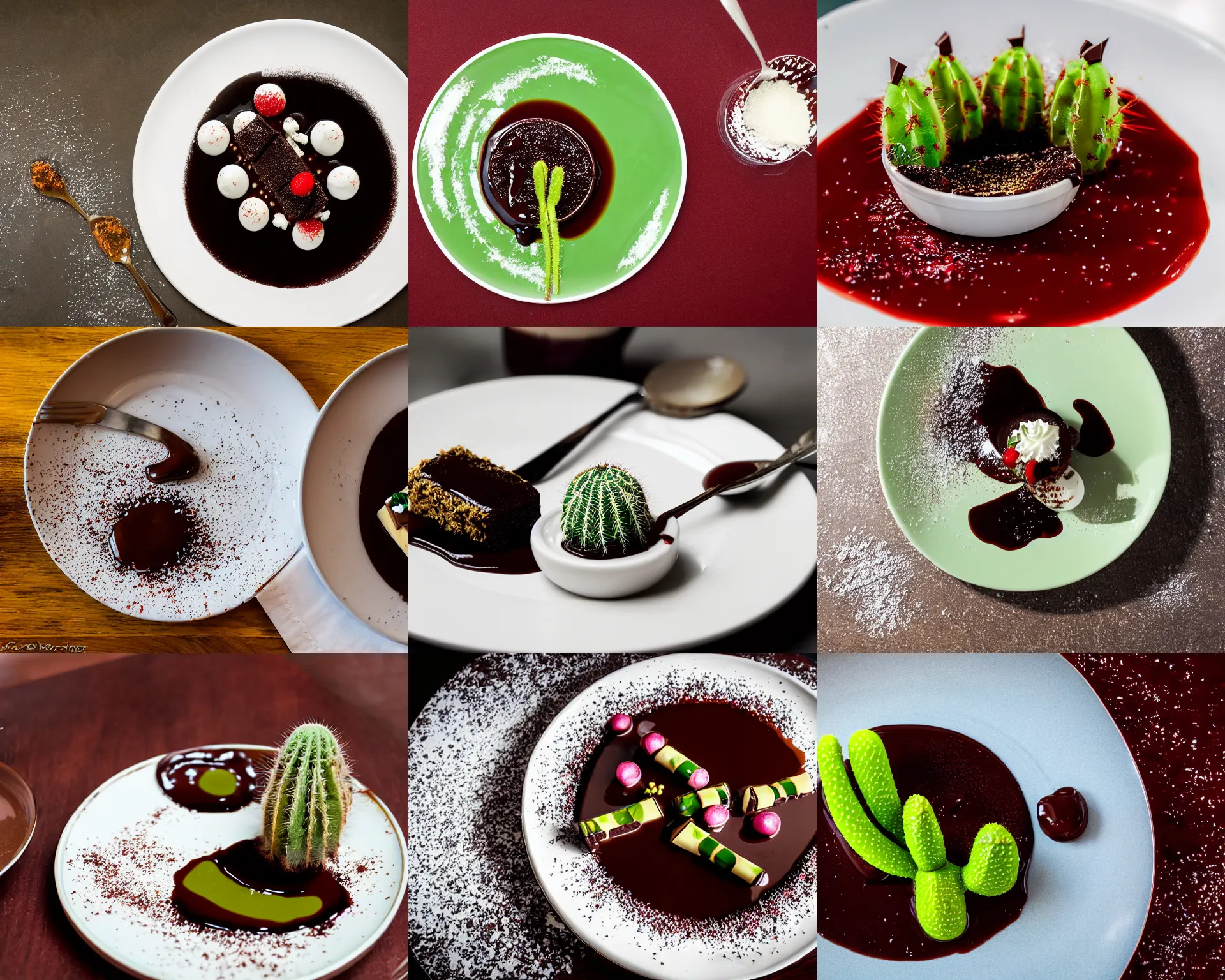 Prompt: a fine dining dessert plate of cactus and chocolate sauce, sugar sprinkled, food photography, michelin star, fine dining, bokeh
