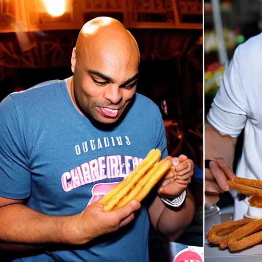 Prompt: Charles Barkley eating two churros at the same time