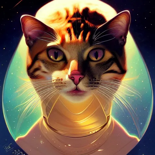 Image similar to Portrait of cat in space, intricate, elegant, highly detailed, digital painting, artstation, concept art, smooth, sharp focus, illustration, art by artgerm and greg rutkowski and alphonse mucha