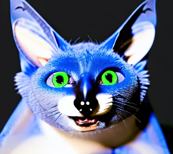 Image similar to a blue - and - black male catbat fursona with blue / green heterochromatic eyes ( differently - colored eyes, one eye green, one eye blue ) and huge bat ears, photo of the catbat streaming on his computer