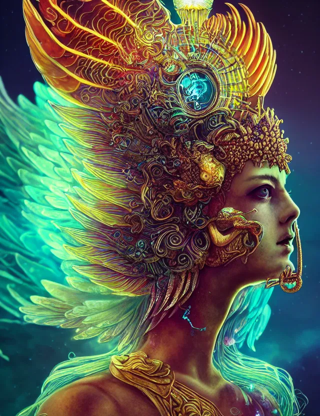 Image similar to goddess phoenix macro close - up portrait with crown made of ram skull. phoenix, betta fish, jellyfish, bioluminiscent, plasma, wind, creature, super intricate ornaments artwork by tooth wu and wlop and beeple and greg rutkowski