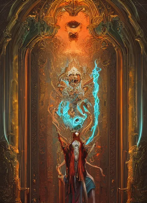 Image similar to intricate rendered portrait of Hades the god of the dead standing by an ornate door by Peter mohrbacher and Dan mumford and beeple, trending on cgsociety, inctricate door, flames, hell