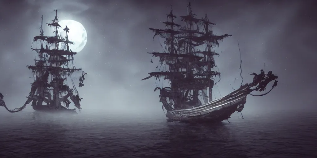 Image similar to ethereal ghost pirate ship at open sea at night, full moon behind it, 3 d art, octane render, 6 k, unreal engine, horror movie