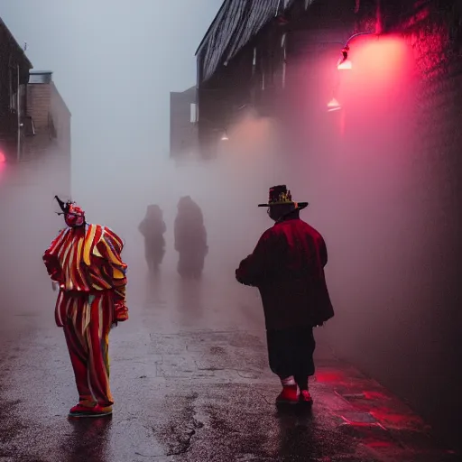 Prompt: an old 5 0 mm photo of a group of men putting on clown makeup in a dark foggy alley