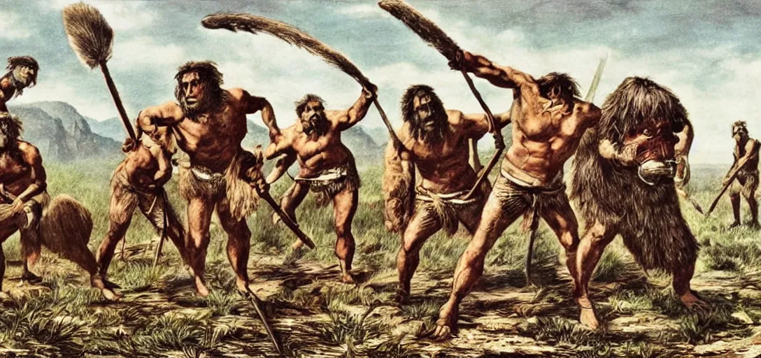 Prompt: cavemen contending with prehistoric monsters, 1 8 9 0 engraving, a colorized photo, colorized, # film, movie still