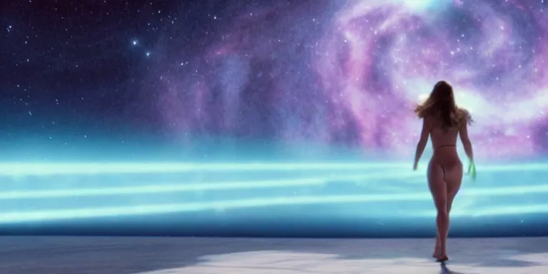 Image similar to film still of curvy natalie portman walking on an invisible bridge, similar to the bifrost, toward an endless abyss in space, wearing a white flowy bikini inspired by ancient roman clothing, beautiful astronomical background with galaxies and nebulas, lack of sunlight, darkness of space, focus on facial detail, 8 k resolution, cinematic lighting, anatomically correct, by christopher nolan