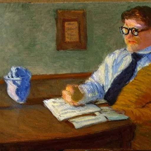 Prompt: an impressionist painting of a humansized sausage studying at a desk, the sausage is sitting on a chair, very focused at a desk next to a candle light, a sausage wearing glasses, in the style of monet