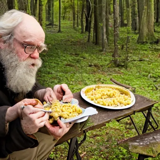 Prompt: charles darwin eating mac and cheese in the woods