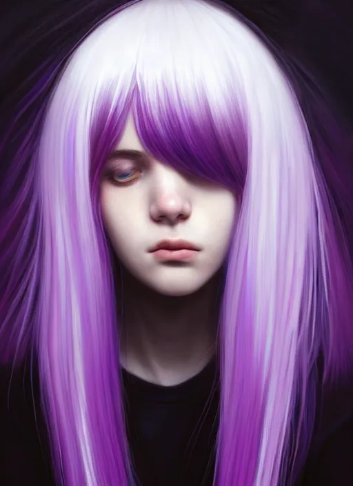 Image similar to hair whitebangs hair, black hair, blackbangswhitehair, portrait of teenage girl with white bangs, red irises, purple clothes, white bangs, bangs are different color from hair, intricate, elegant, glowing lights, highly detailed, digital painting, artstation, concept art, sharp focus, illustration, art by wlop, mars ravelo and greg rutkowski