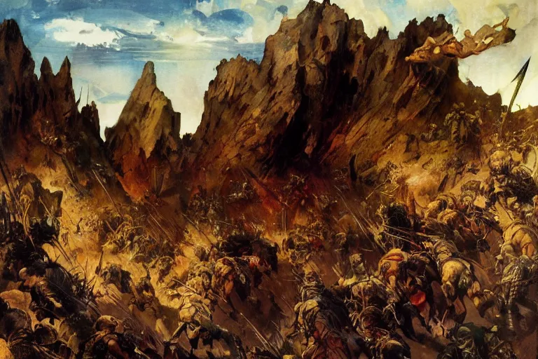 Image similar to a beautiful painting of a rocky landscape covered with bodies of medieval soldiers in shiny armors, dawn, by Frank Frazetta, by Georgia o keeffe, by Gustave Moreau