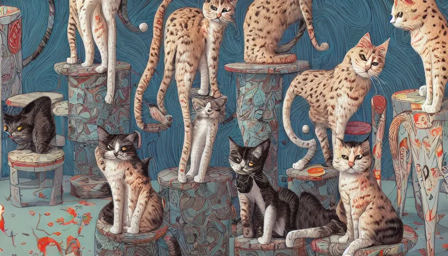 Image similar to artwork of really tall sitting cats by james jean, thick brush, 4 k resolution