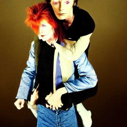 Image similar to david bowie from changes giving a piggy back ride to ziggy stardust. in the style of marcel duchamp.