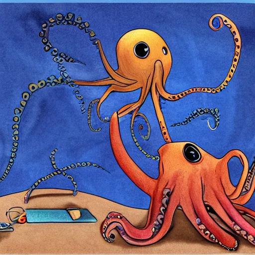 Image similar to Speculative evolution paleoart of laptop computer being used by an octopus in the style of Emily Willoughby