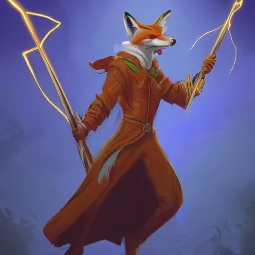 Image similar to the fox magician cast a thunder spell with his staff, lightning, artstation