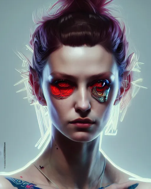 Image similar to beautiful female punk, portrait, cyberpunk, symmetry, ultra detailed, elegant, intricate, dynamic lighting, hyperrealism, digital art, digital painting, artstation, wlop, sharp focus, illustration, art by artgerm and greg rutkowski and alphonse mucha, 8 k