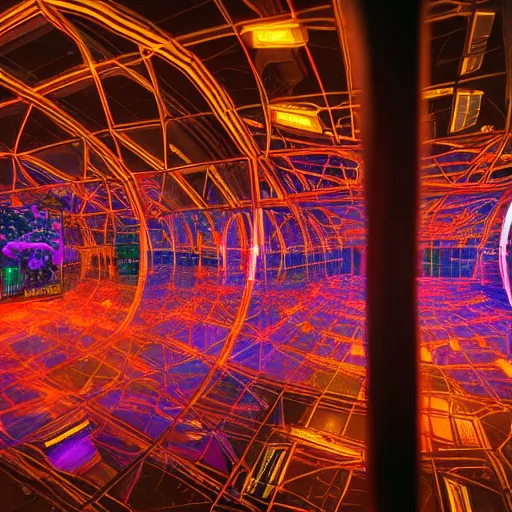 Image similar to 35mm film still blade runner set on Mars in an neon city, domes made of glas by Alex grey and Dan Mumford