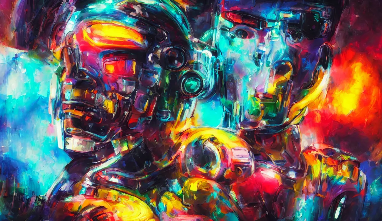 Prompt: colourful cinematic bust portrait of an artist robot painting an artwork on a canvas with a brush, paint and color, robotic enhancements, desaturated, oil on canvas, masterpiece, trending on artstation, featured on pixiv, cinematic composition, dramatic pose, beautiful lighting, sharp, details, hyper-detailed, HD, HDR, 4K, 8K
