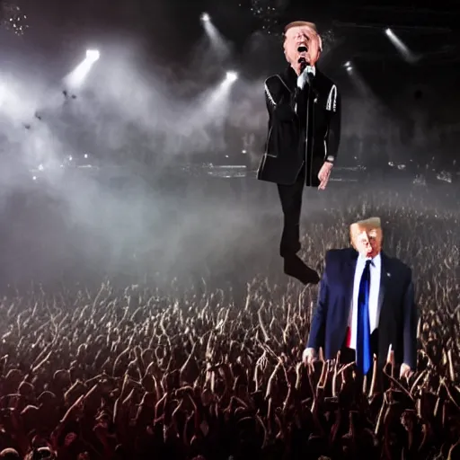 Image similar to donald trump going crazy on stage as the lead singer in a black metal band, full makeup, large crowd, 5 0 mm lens, volumetric lighting