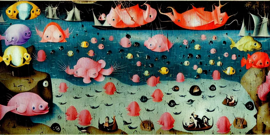 Image similar to a beautiful painting of an elaborate underwater scene painted by hieronymous bosch and lisa frank