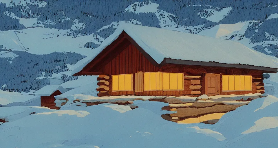 Image similar to log cabin beneath the alps, lofi art style, hiroshi nagai