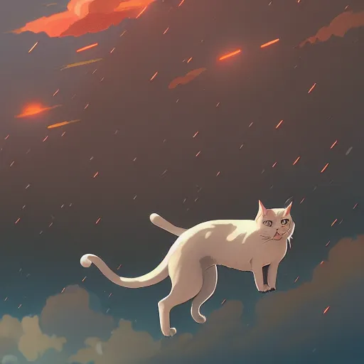 Image similar to giant cats and dogs are falling from the sky like rain, bystanders watching from the sides, 4 k, by miyazaki, monokubo, artstation,