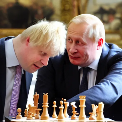 Prompt: Boris Johnson and putin playing chess