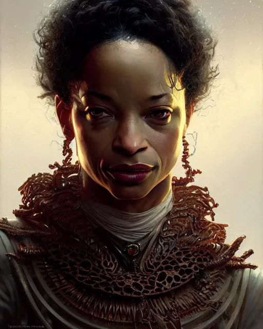 Prompt: karrine steffans, character portrait, portrait, close up, concept art, intricate details, highly detailed by greg rutkowski, michael whelan and gustave dore