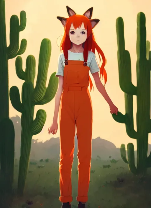 Prompt: portrait of cute redhead girl in orange jumpsuit with fox ears, holding a cactus, cloudy sky background lush landscape illustration concept art anime key visual trending pixiv fanbox by wlop and greg rutkowski and makoto shinkai and studio ghibli