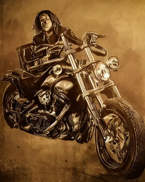 Prompt: a motorbike in sons of anarchy tv show, D&D style , highly detailed, digital art, trending on artstation, smooth, sharp focus, illustration, art by artgem and ROBERT HYNES