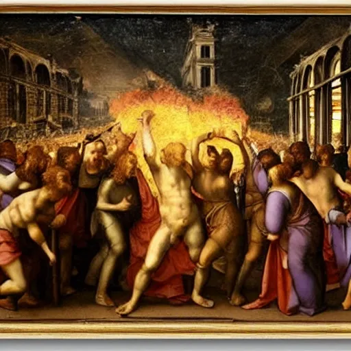 Image similar to 15th century painting of the burning of Louvre, renaissance painting by Leonardo da Vinci