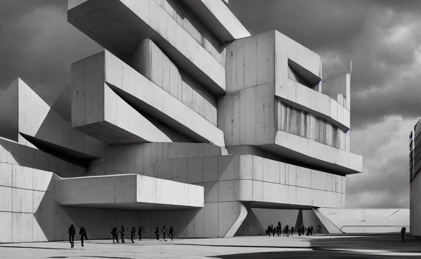 Image similar to a wide angle exterior shot of a white concerete brutalist architecture designed by zaha hadid and peter zumthor, darek zabrocki, greg ruthkowski, cinematic and blue cold atmospheric, concept art, artstation, trending on artstation