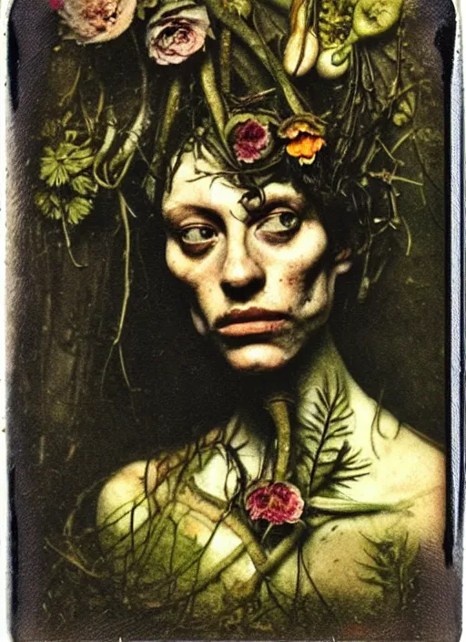 Prompt: beautiful and detailed rotten woman made of plants and many different types of flowers, muscles, intricate, organs, ornate, surreal, john constable, guy denning, gustave courbet, caravaggio, 1 9 1 0 polaroid photo