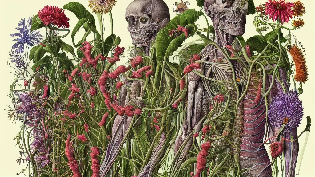 Image similar to highly detailed illustration human anatomy with all the known species of plants and flowers by juan gatti, by moebius!, by oliver vernon