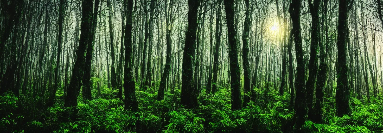 Image similar to a forest with glowing plants, magical, starts visible in the sky, wide shot, dramatic lighting