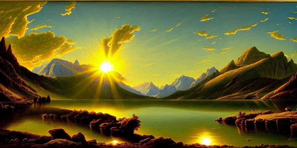 Image similar to a beautiful landscape, sun rises between two mountains, a lake in between the mountains, painting by john stephans, extremely detailed, hyper realism